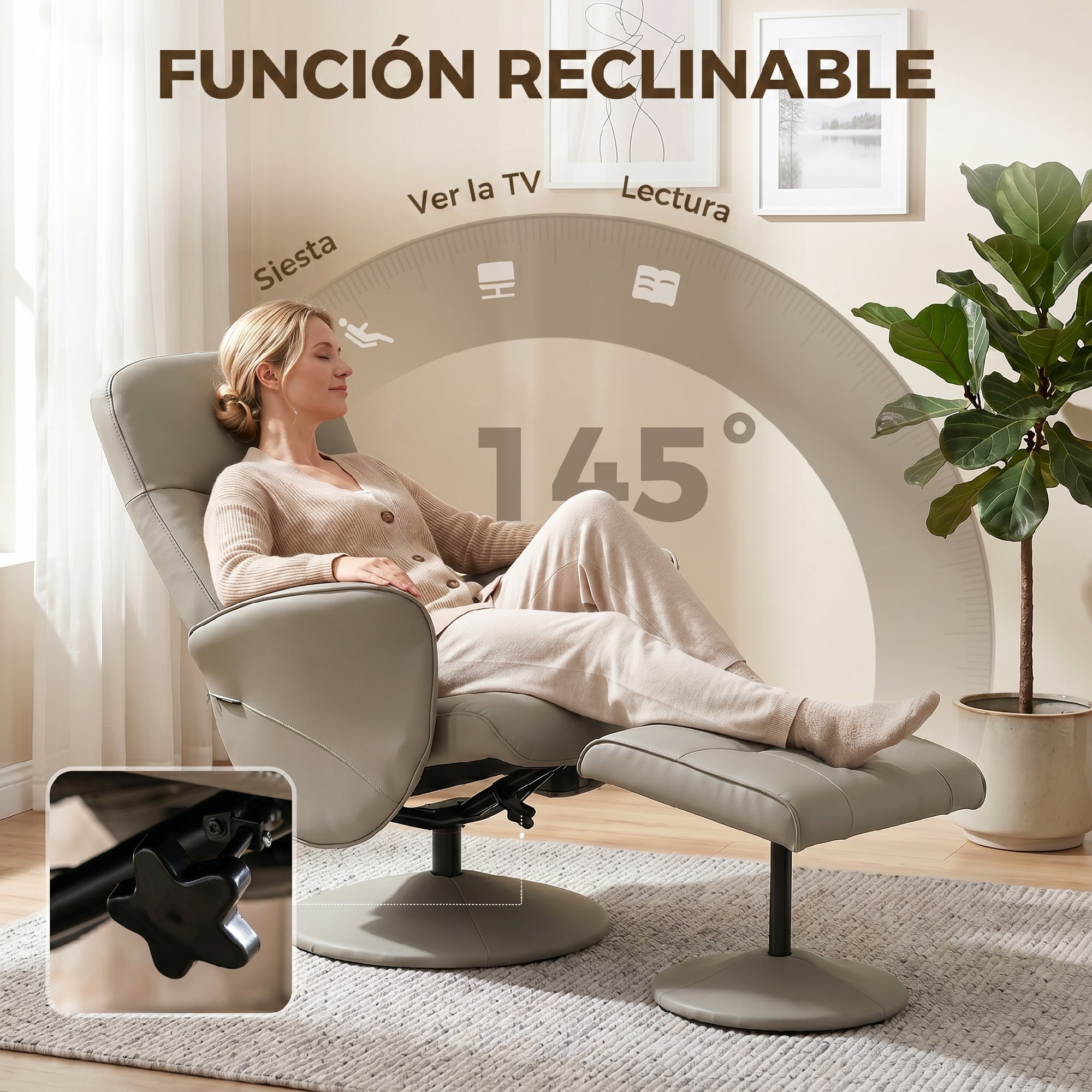 Sillón Relax Reclinable con Reposapiés, Sillón Relax de Cuero Sintético con Respaldo Alto, Giratorio 360°, Reposabrazos, para Salón, Dormitorio, Beige Gris