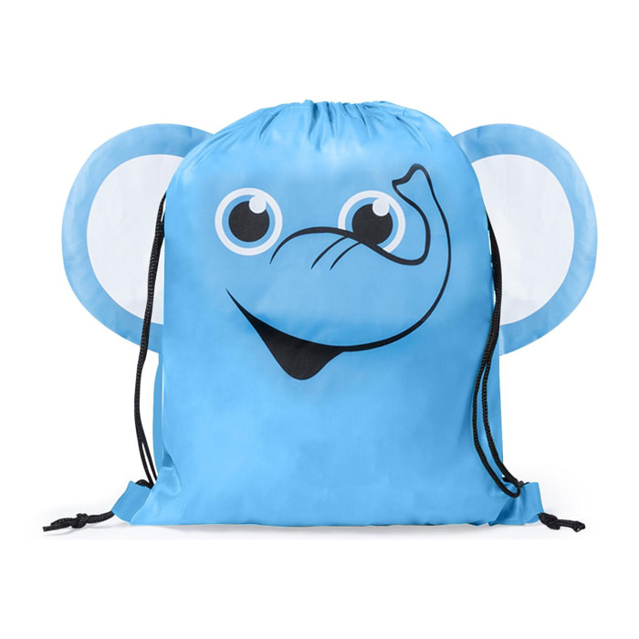 Mochila de cuerdas Llorel plegable para niño, en suave poliéster 210T. Diseño elefante.