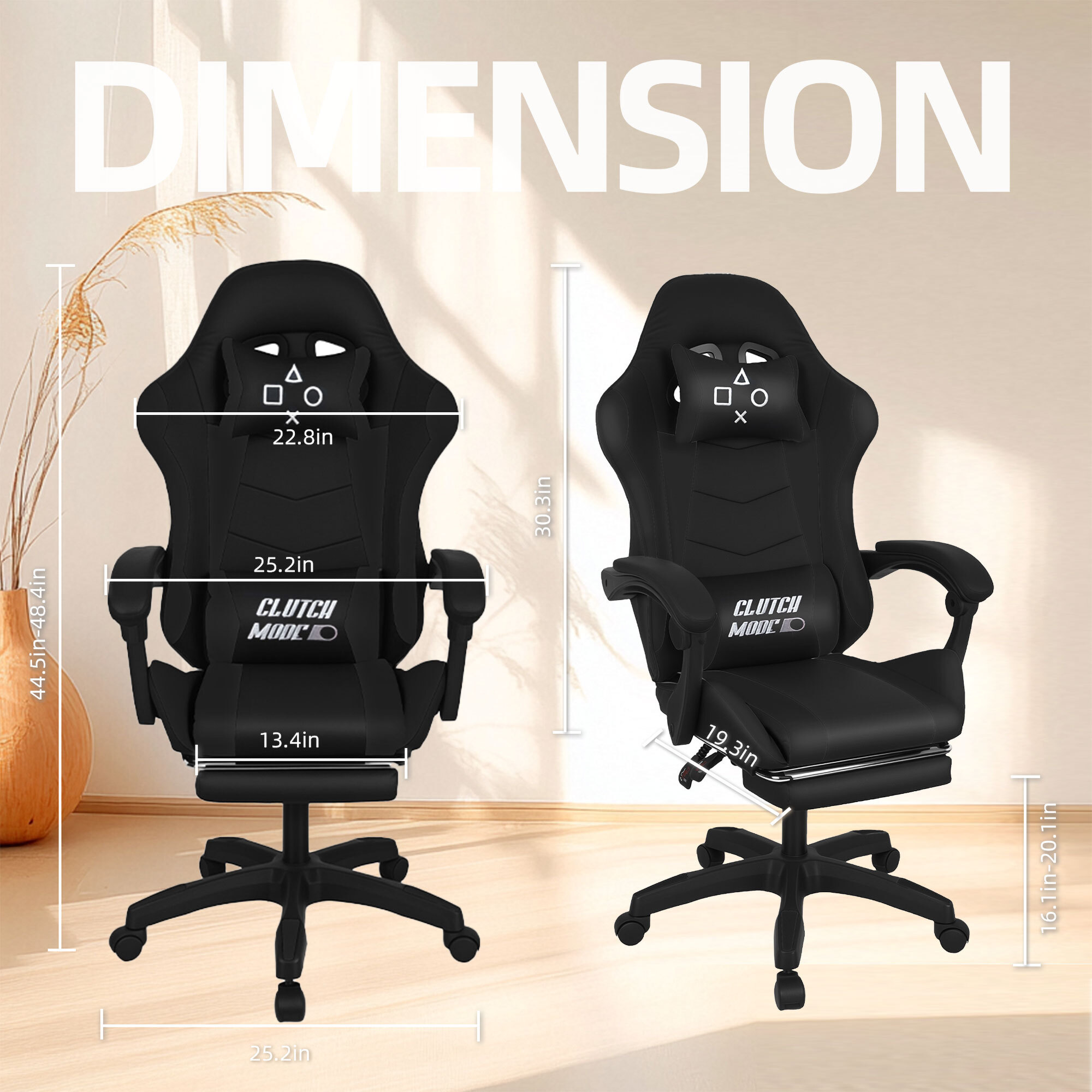 Clutch - Sedia da Gaming Ergonomica con Cuscino Lombare Poggiatesta e Poggiapiedi in PVC Nera