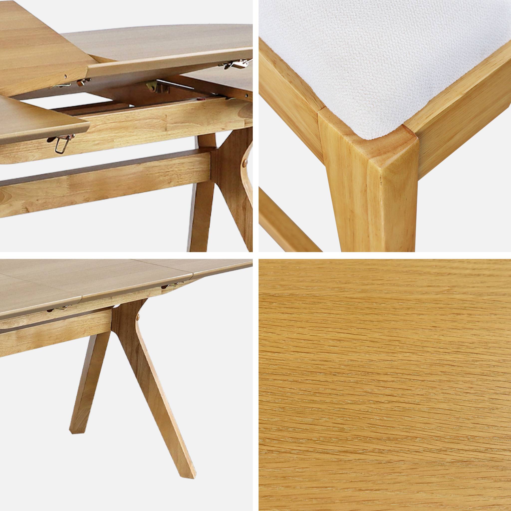 Table à manger oblongue extensible. 160-200cm + 6 chaises en bois d'hévéa et tissu beige