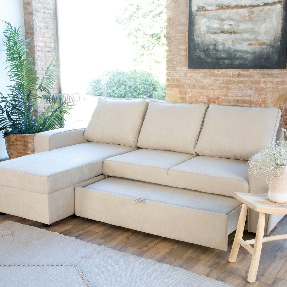 Canapé d'angle Kubor -textile, mousse pu, bois et panneau de particules-couleur beige 238 x 88 x 157 cm