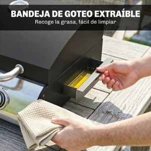 Barbacoa de Gas BBQ Gas con 3 Quemadores 7,5 kW, Barbacoa de Mesa Portátil con Parrilla, Plancha, Estante Lateral Convertible, Termómetro, Tapa, Caja de Goteo, Patas Ajustables, Negro