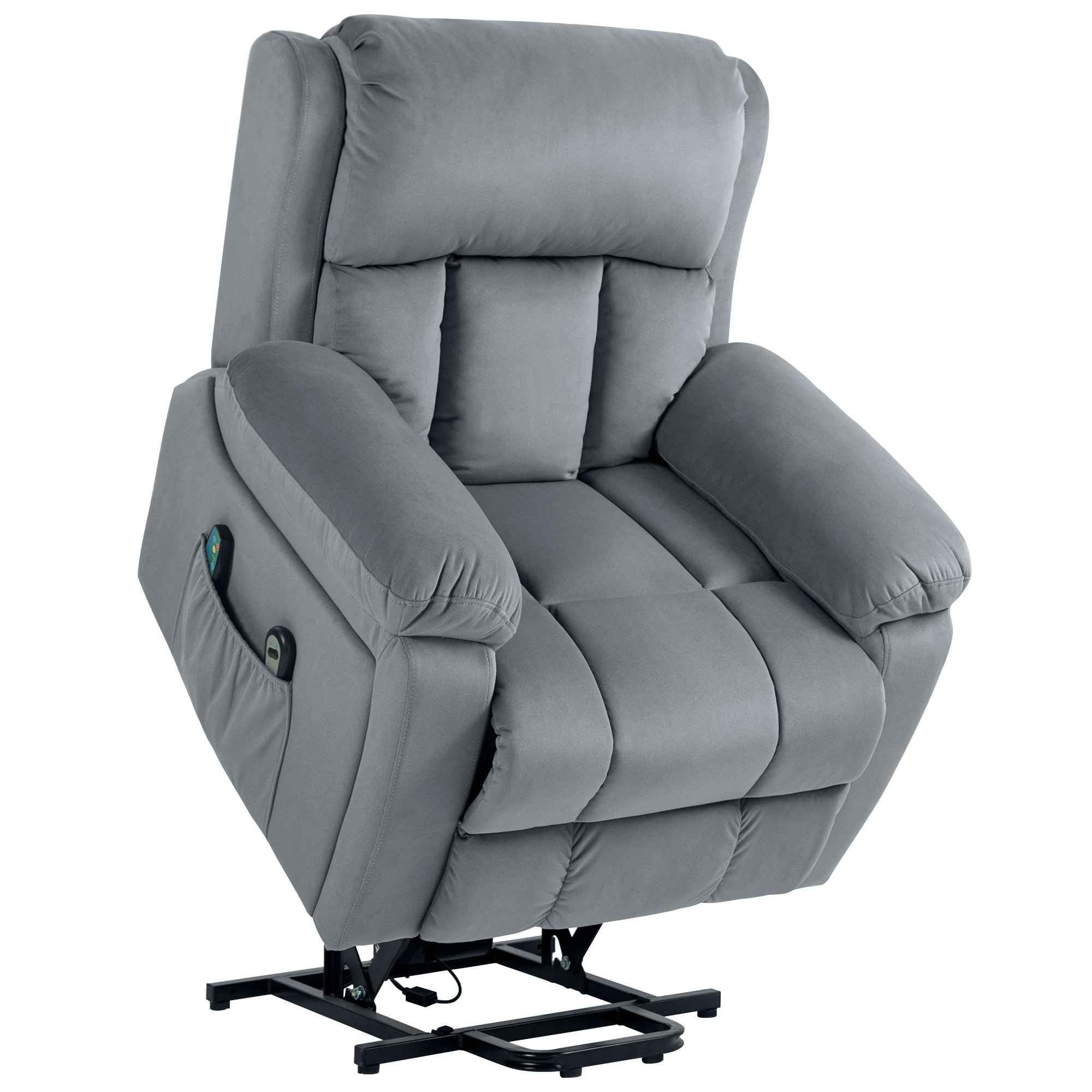 Fauteuil releveur massant chauffant inclinable - 8 points de massage - télécommande, pochette - tissu gris