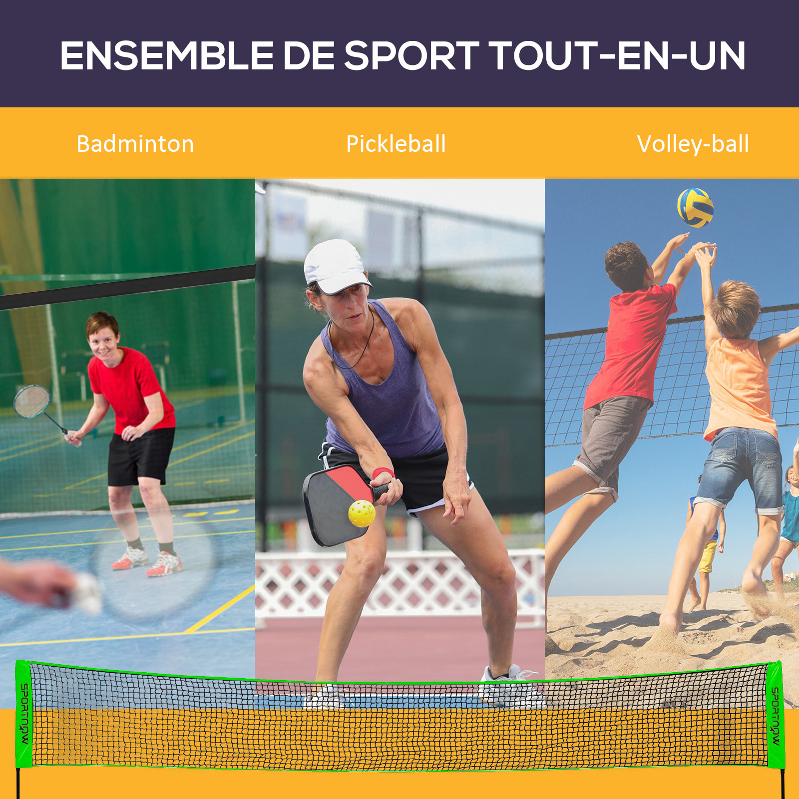 Ensemble set complet de badminton, pickleball et volleyball 3 en 1 réglable