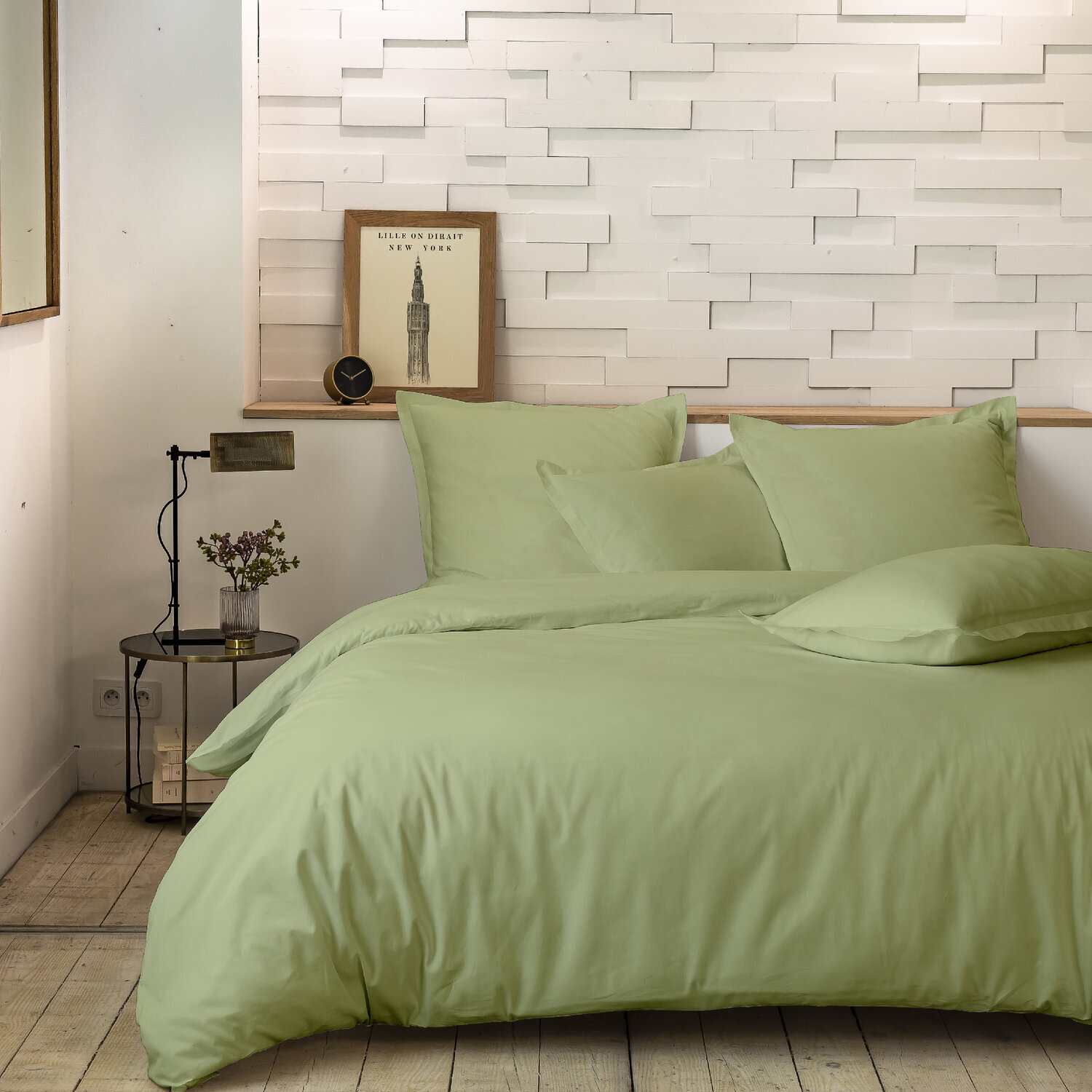 Parure housse de couette unie 100% percale de coton - mura - sauge