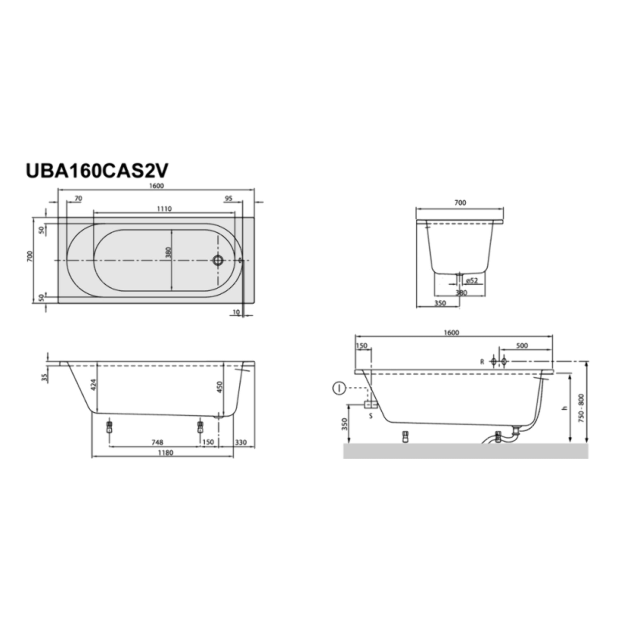 Baignoire droite VILLEROY & BOCH O.Novo 160x70cm Blanc  + Pare Bain gauche AURYS Mist 1 chromé