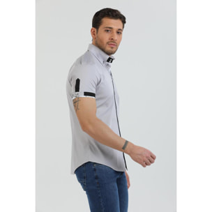 Camicia Uomo Manica Corta 2 Bottoni Button Down 7 Botto Popeline Stretch Unito Grigio