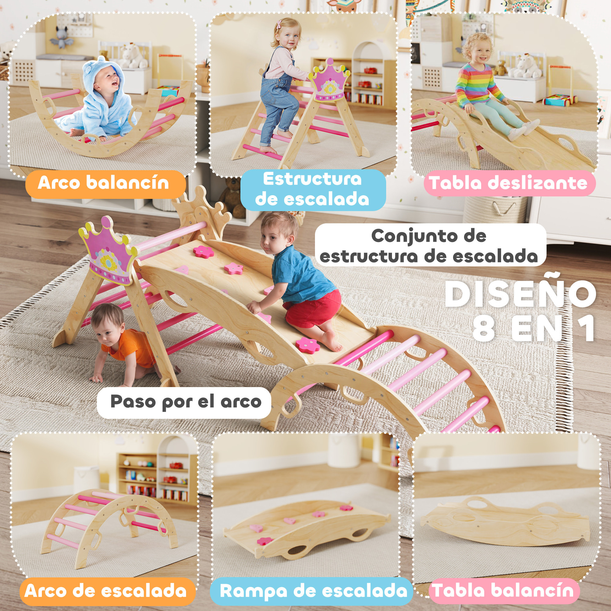 8 en 1 Triángulo de Escalada de Madera, Estructura de Escalada Montessori, Tema de Corona, con Arco y Rampa para Deslizarse o Escalar, para Niños de 18-48 Meses, Interiores, Rosa