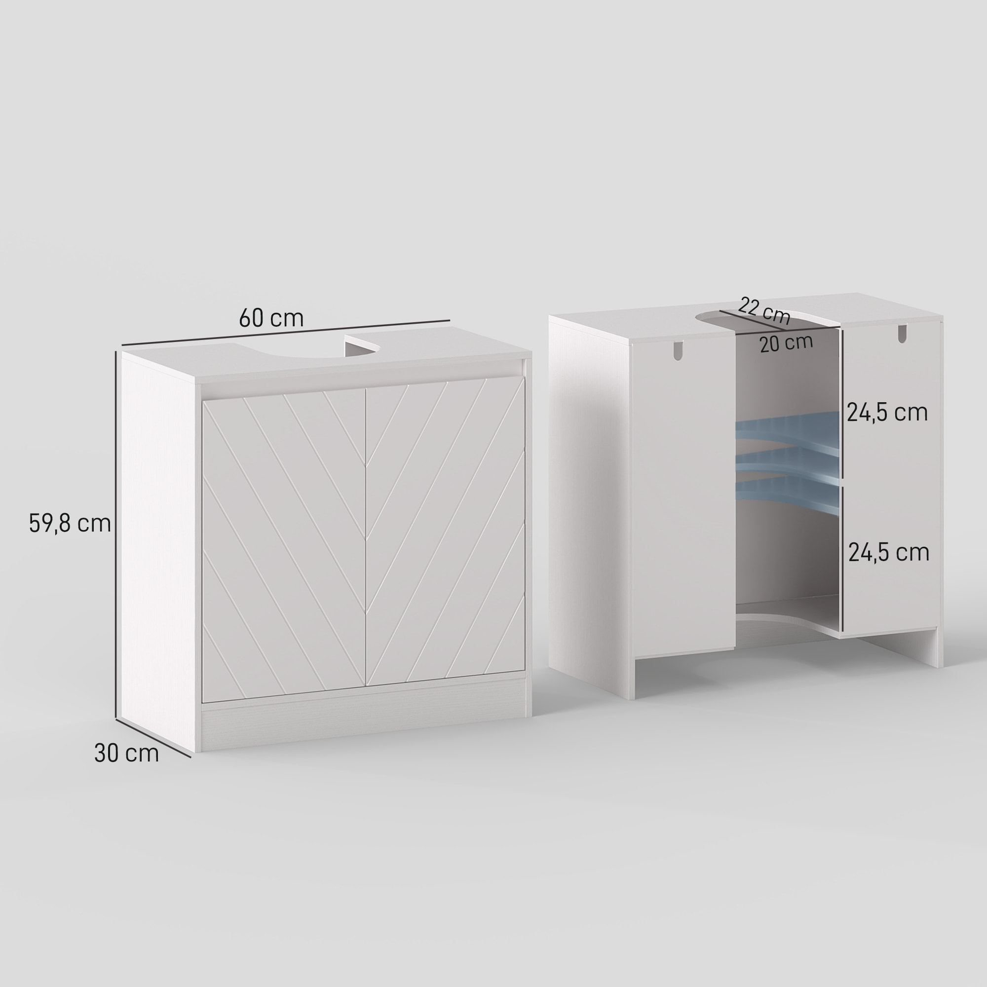 Mueble Bajo Lavabo, Mueble de Baño con 2 Puertas y Estante Ajustable, Armario de Baño para Lavabos con o sin Pedestal, Estilo Vintage, 60x30x59,8 cm, Blanco