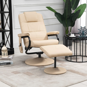 Sillón de Masaje Eléctrico con Taburete Reposapiés Sillón Relax Giratorio Reclinable hasta 145° con Control Remoto y 10 Zonas de Masaje Tapizado en PU 77x84x95 cm Beige