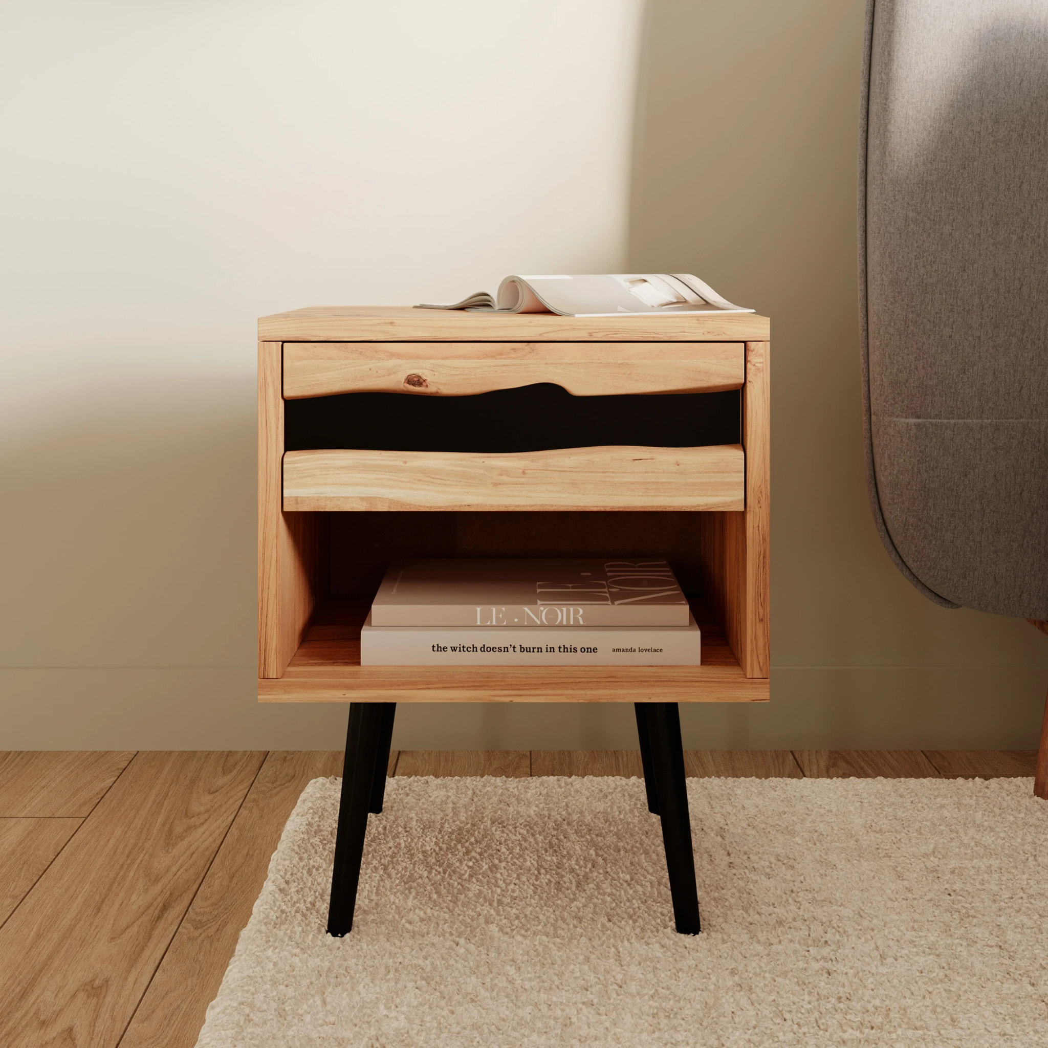 Table de chevet en bois d'acacia et métal, 1 tiroir et 1 niche - Alabama
