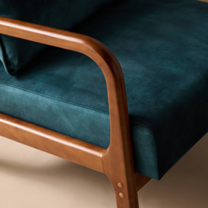 Fauteuil scandinave bois d'hévéa teinté noyer clair et velours LORENS