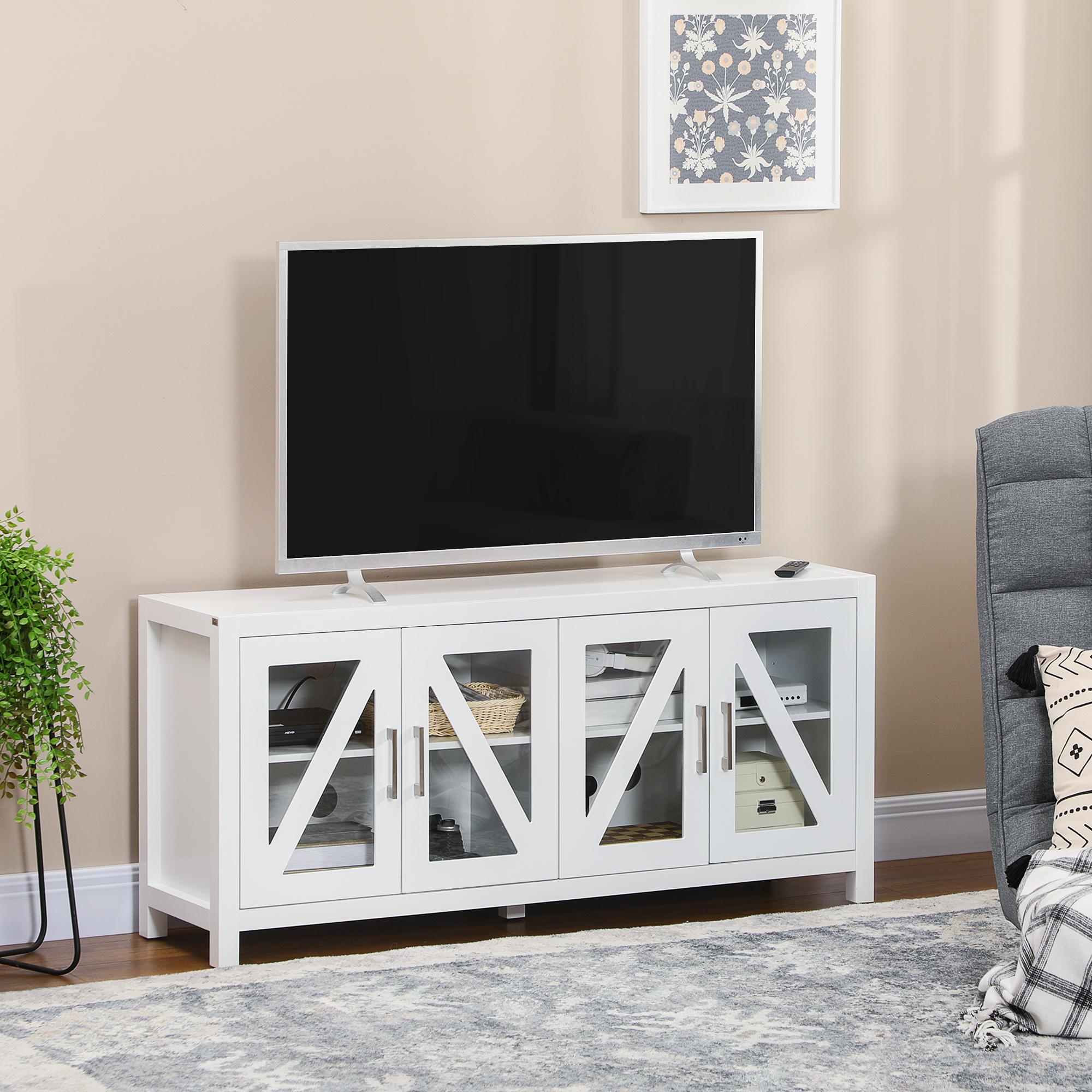 Mueble TV de Salón Mesa para Televisores de hasta 58'' con 4 Puertas de Vidrio Templado Estantes Ajustables y 4 Orificios para Cables para Dormitorio 130x35x60 cm Blanco