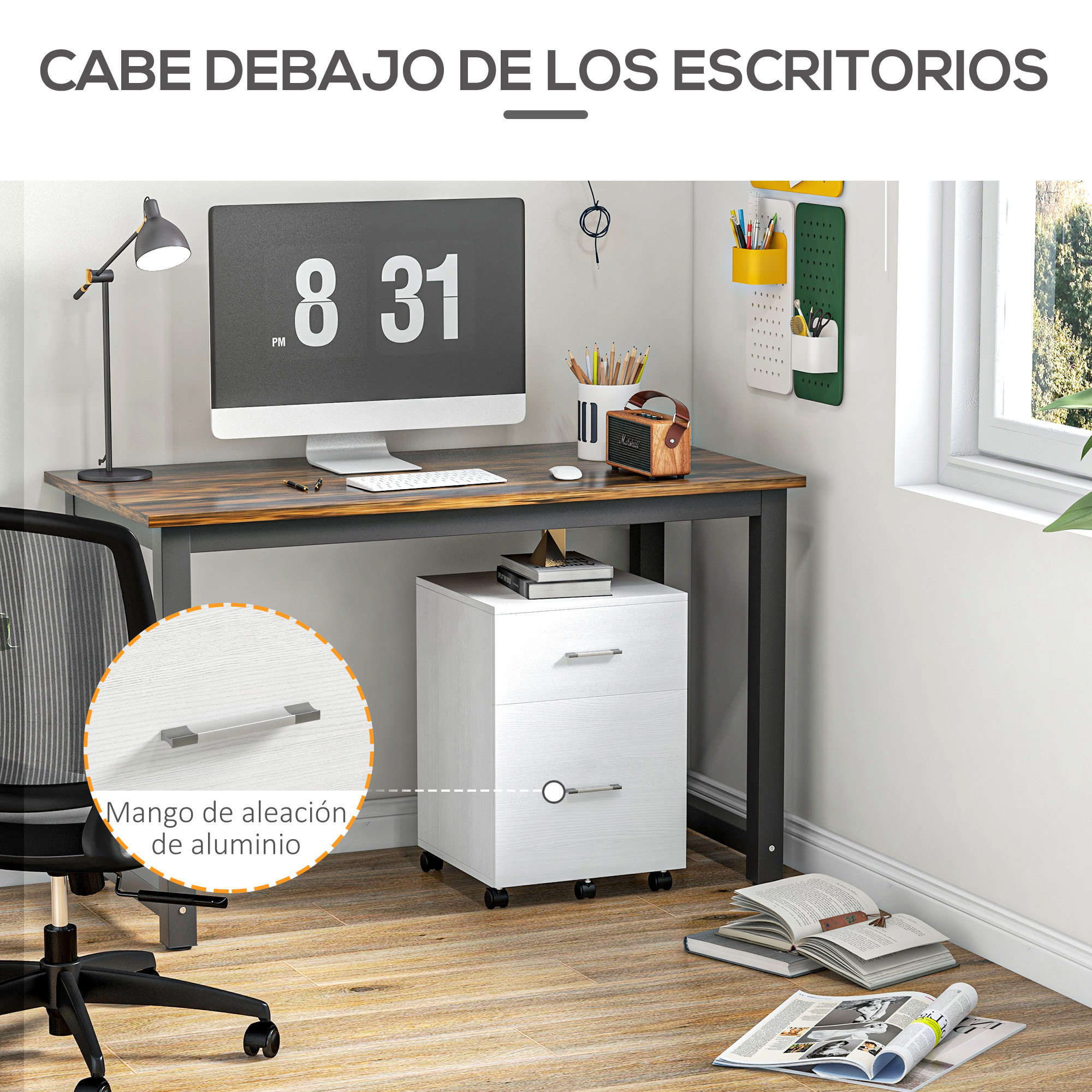 Cajonera de Escritorio con 2 Cajones, Cajonera de Oficina con Ruedas, Archivador Móvil, para Archivos A4 o Cartas, para Estudio, Salón, 39,5x39x58,5 cm, Blanco