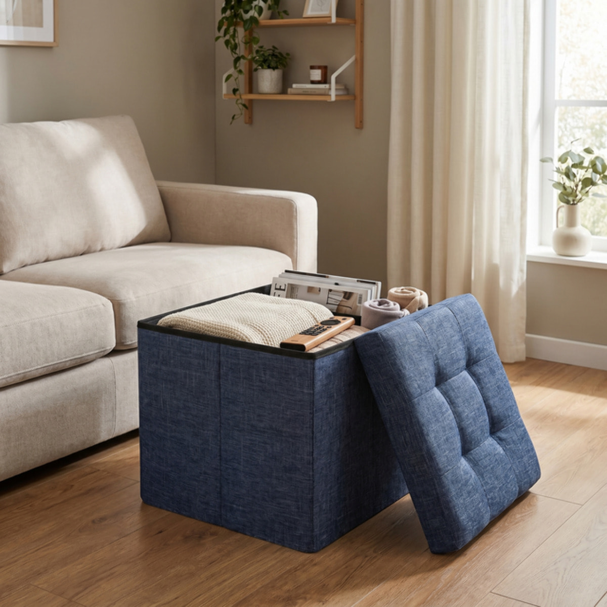 Pouf contenitore pieghevole 38x38x38 cm, cubo salvaspazio con vano interno, seduta imbottita resistente fino a 150 kg, design effetto lino elegante, ideale per soggiorno camera ingresso ufficio e cameretta