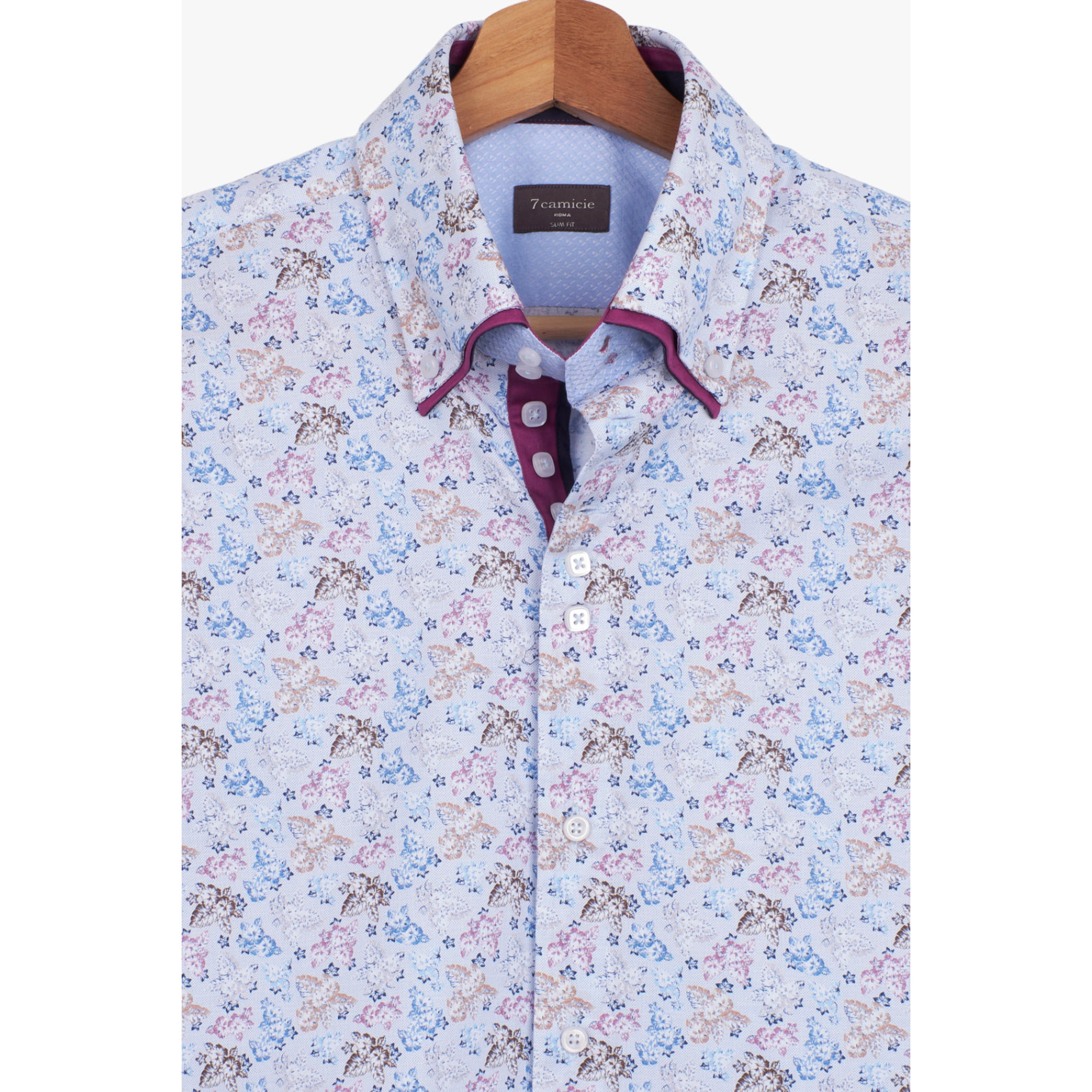Camicia Uomo 2 Bottoni Button Down 7bottoni Doppio Coll Popeline Stampato Bianco Blu Avion