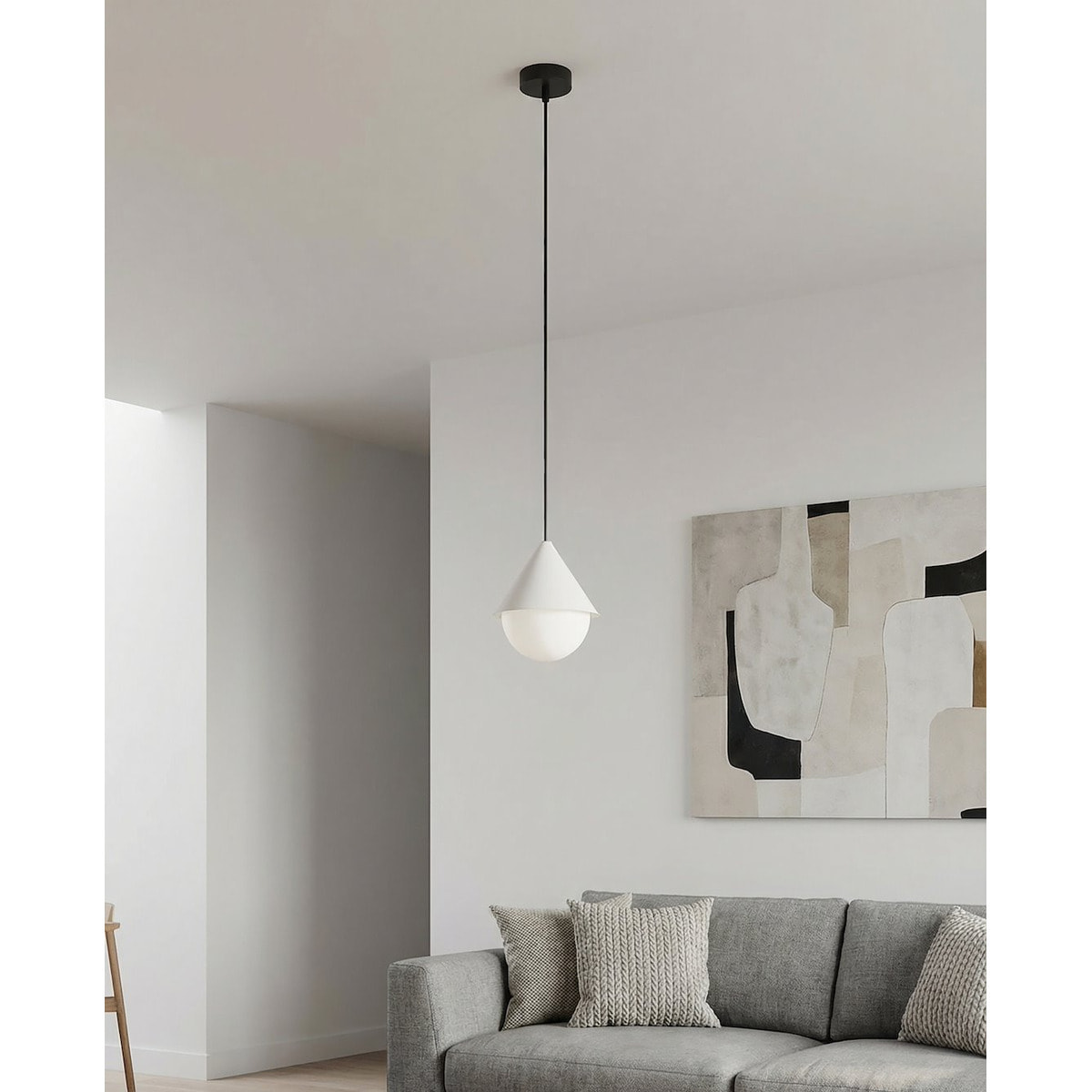 Lampada a sospensione Giro in acciaio nero opaco e vetro bianco
