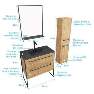 Pack meuble de salle de bain 80x50cm chene brun - 2 tiroirs chene brun - vasque resine noire