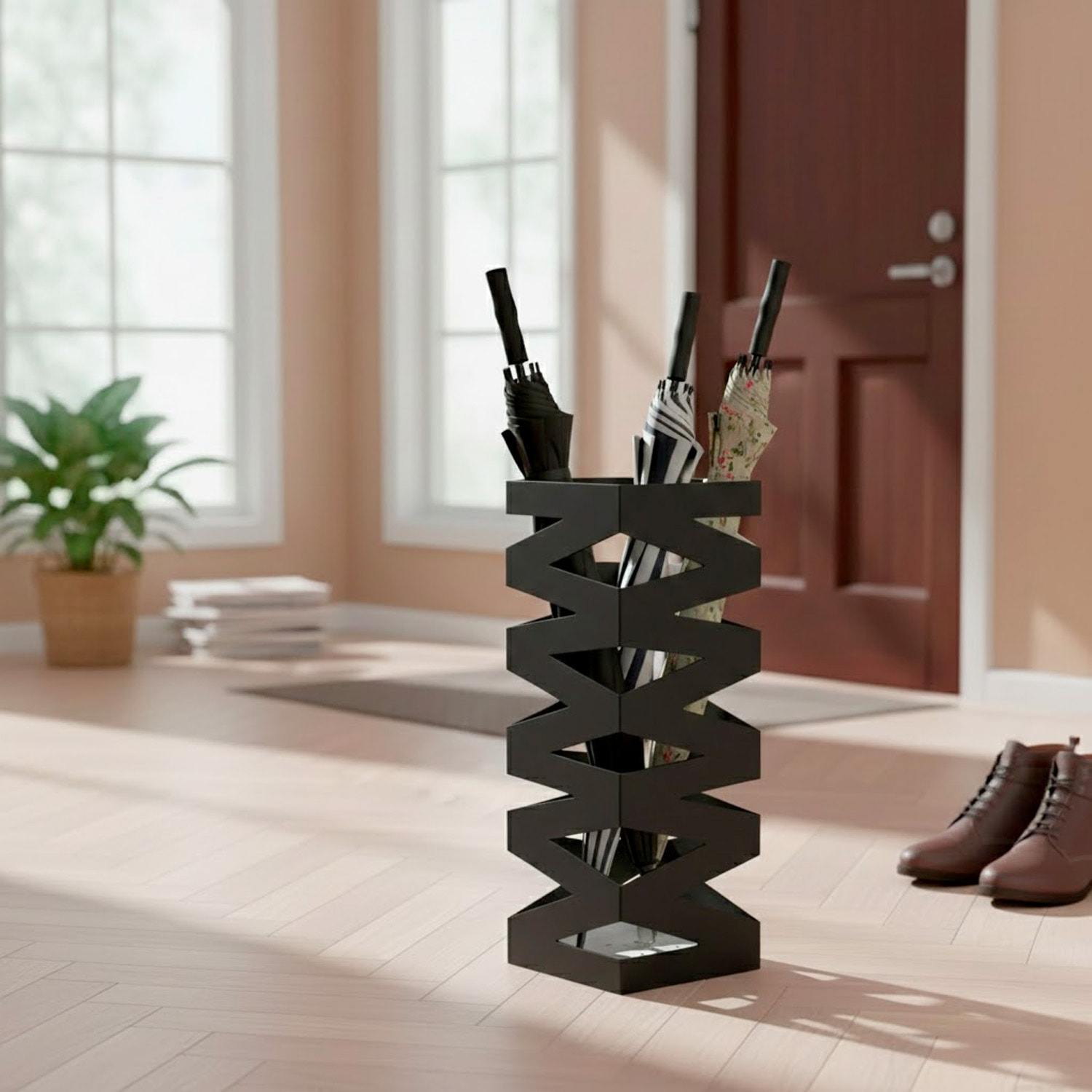Portaombrelli In Acciaio Zincato Con Intarsi Decorativi Vaschetta Scolapioggia 2 Ganci Removibili Base Antiscivolo 49 x 15.5 x 15.5 Cm Nero