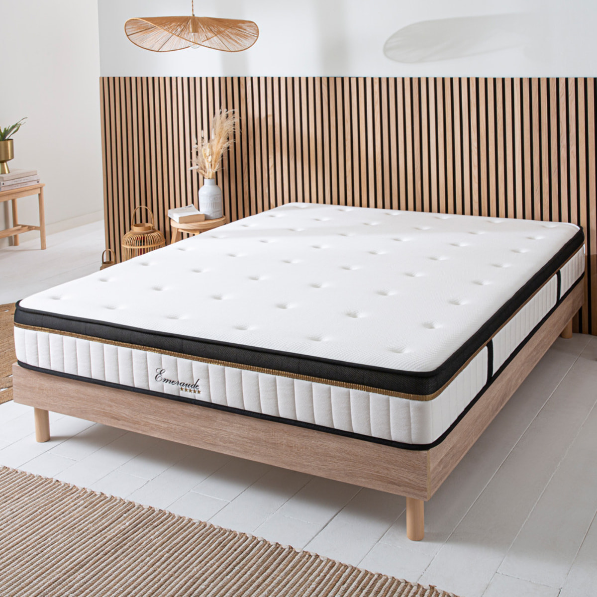 Ensemble EMERAUDE | 2 Places | Matelas Mémoire de Forme avec Sommier Kit Bois