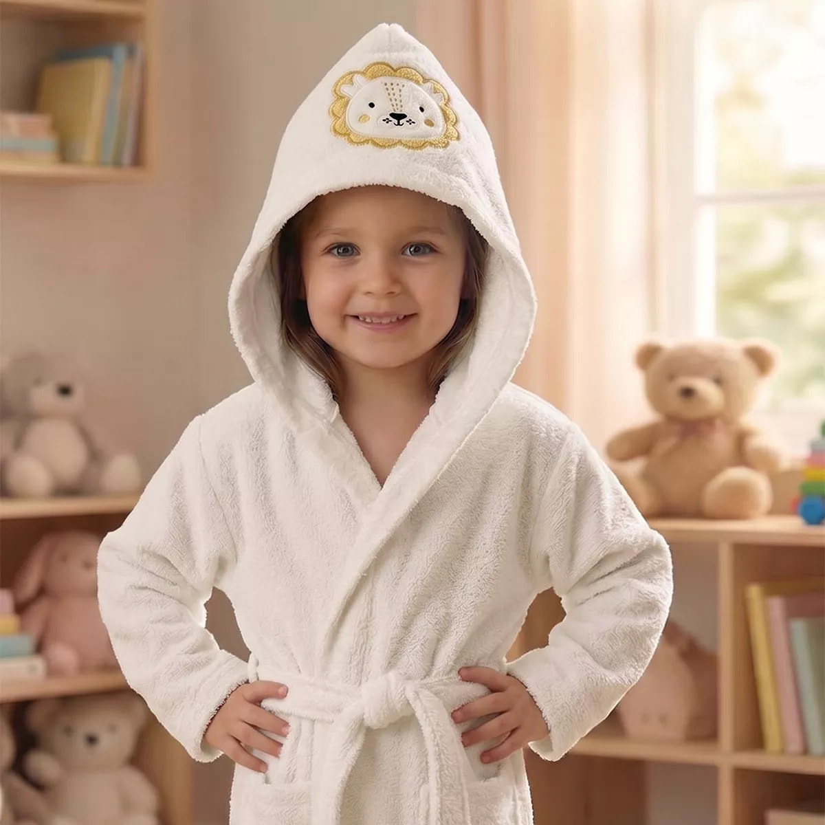 Peignoir enfant enfant pur coton 420 g/m² brodé jaune beige Petit lion angora
