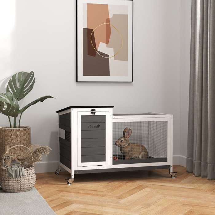 Conejera de Madera con Ruedas Jaula para Conejos con Techo Asfáltico Abatible Ventana Móvil y Bandeja Extraíble Conejera para Interior y Exterior 91x51x66 cm Blanco y Gris Oscuro