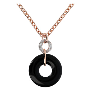 Collana Catena Rolo con Pendente Doppio Cerchio in Onice Nero e Cubic Zirconia