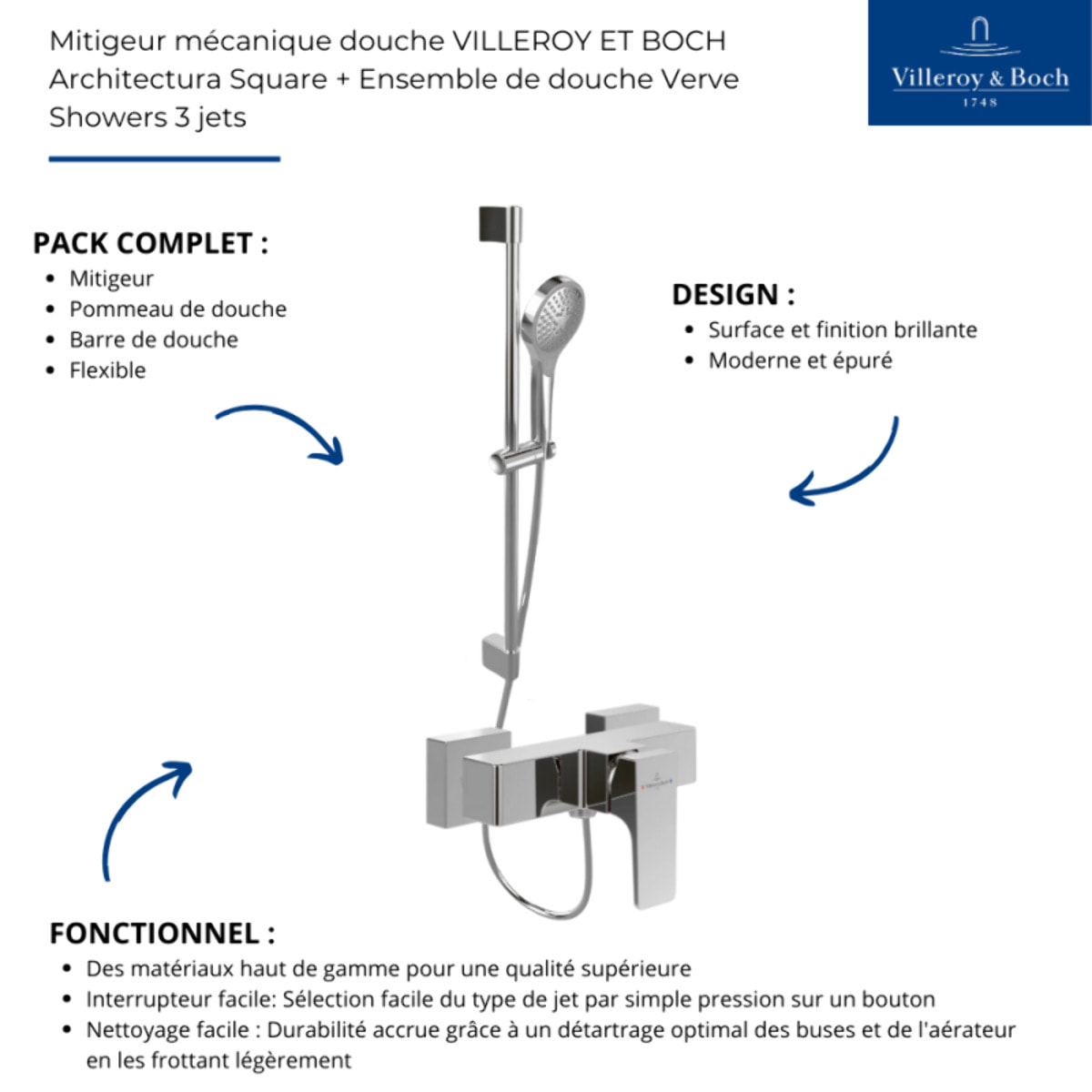 Mitigeur mécanique douche VILLEROY ET BOCH Architectura Square + Ensemble de douche VILLEROY ET BOCH Verve Showers 3 jets