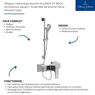 Mitigeur mécanique douche VILLEROY ET BOCH Architectura Square + Ensemble de douche VILLEROY ET BOCH Verve Showers 3 jets