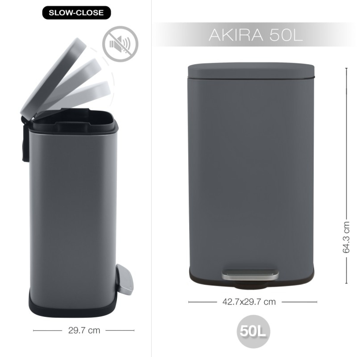 Poubelle à pédale de cuisine Acier AKIRA 50L Gris mat Spirella