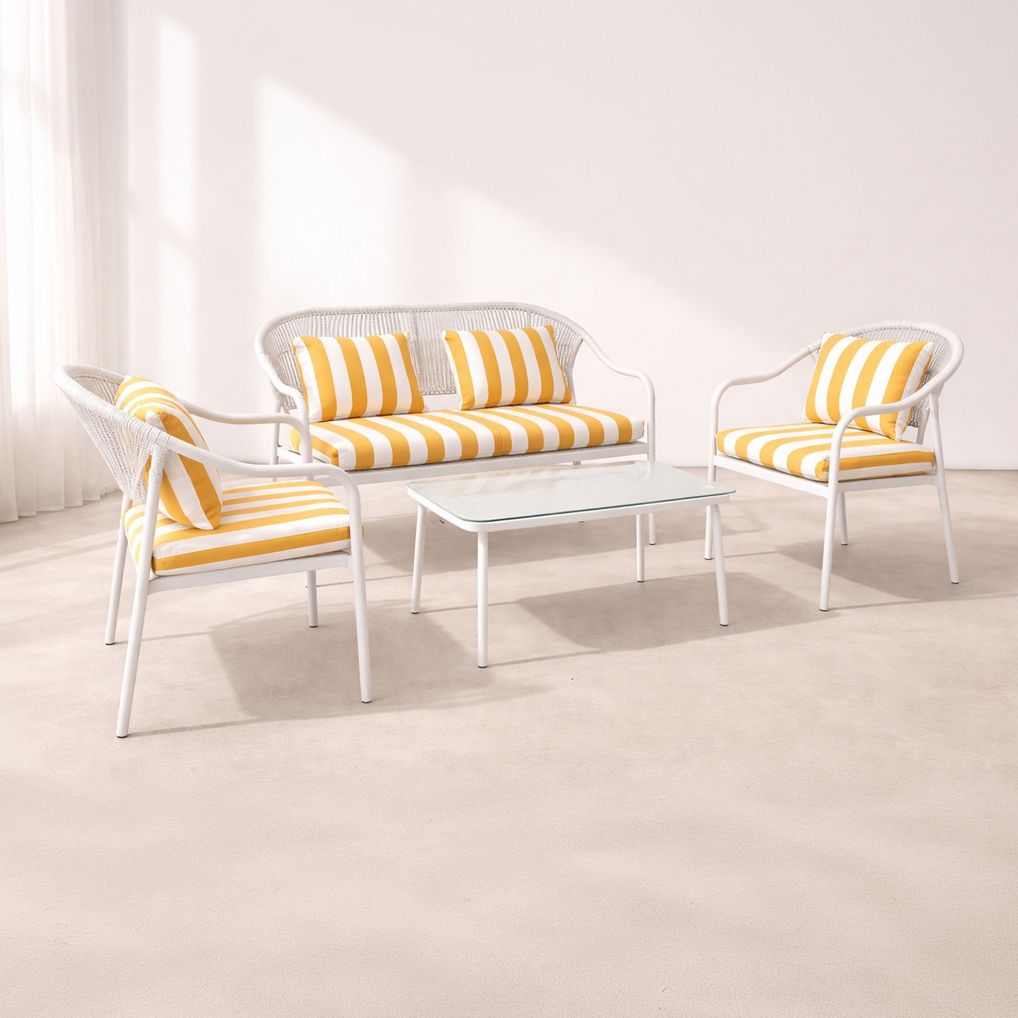 Salon de jardin 4 places en métal et coussin en tissu jaune POSITANO