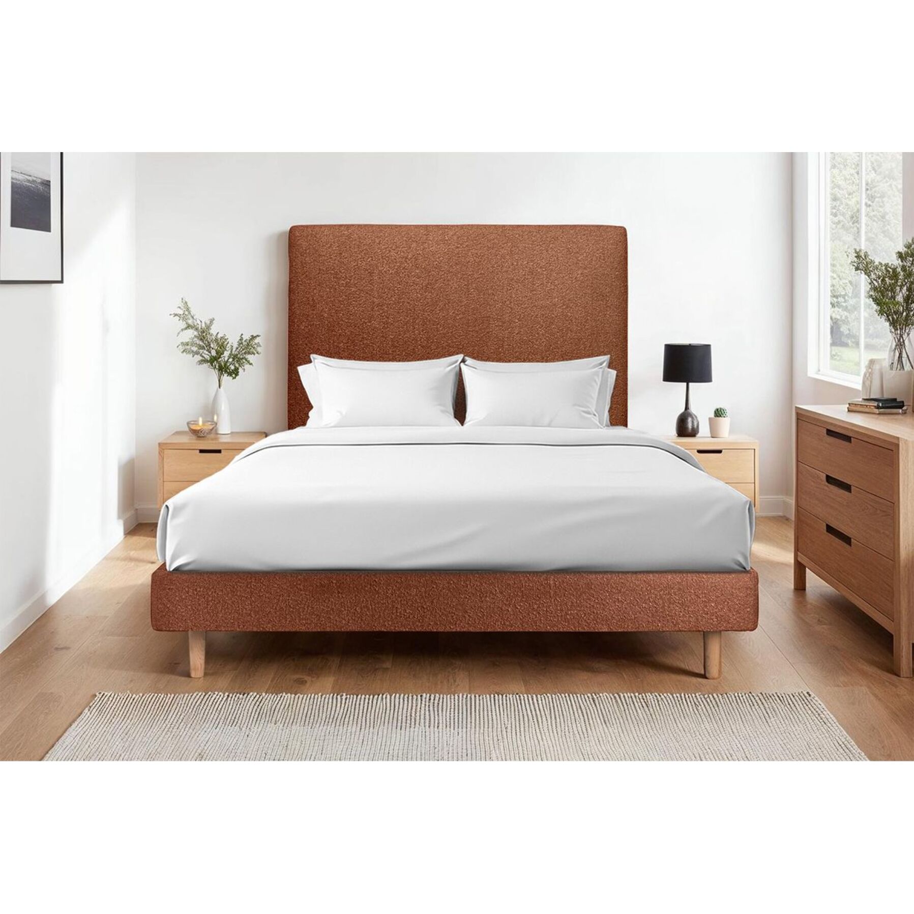 Lit avec tête de lit tapissée bouclette et sommier kit Ep14