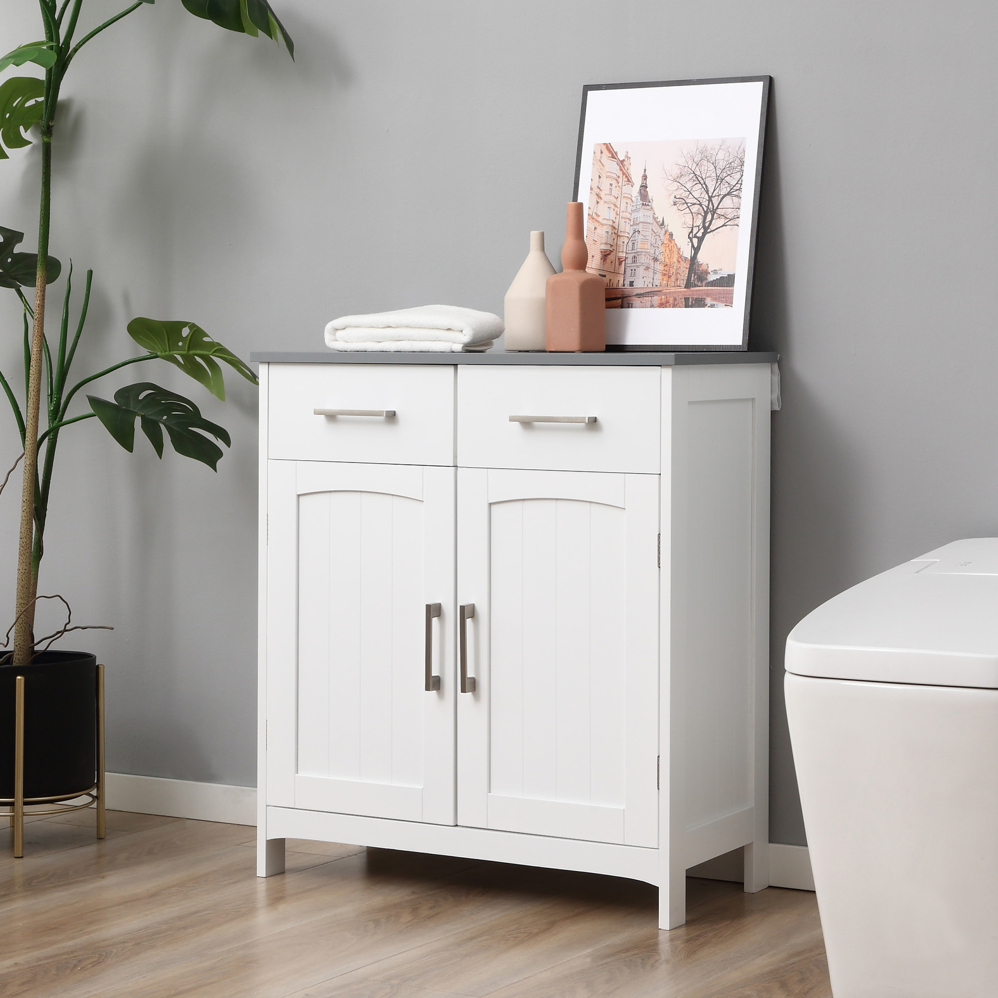 Meuble bas de salle de bain sur pied - 2 tiroirs, 2 portes, étagère - dim. 68 x 33 x 76 cm - blanc gris