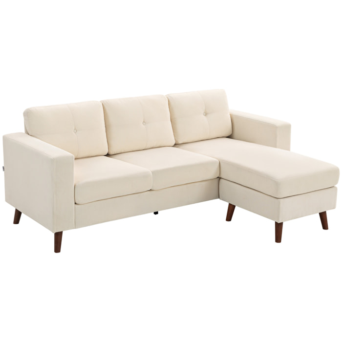 Sofá Chaise Longue Reversible, Sofá Esquinero en Forma de L de 3 Plazas, Tapizado en Pana, Marco de Acero, para Espacios Reducidos, Salón, 192x137x84 cm, Crema