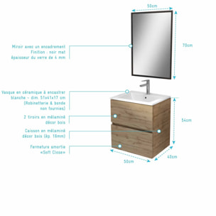 Meuble de Salle de Bains 50cm TIMBER - Tiroirs Décor Chêne, Vasque Blanche et Miroir Cadre Noir