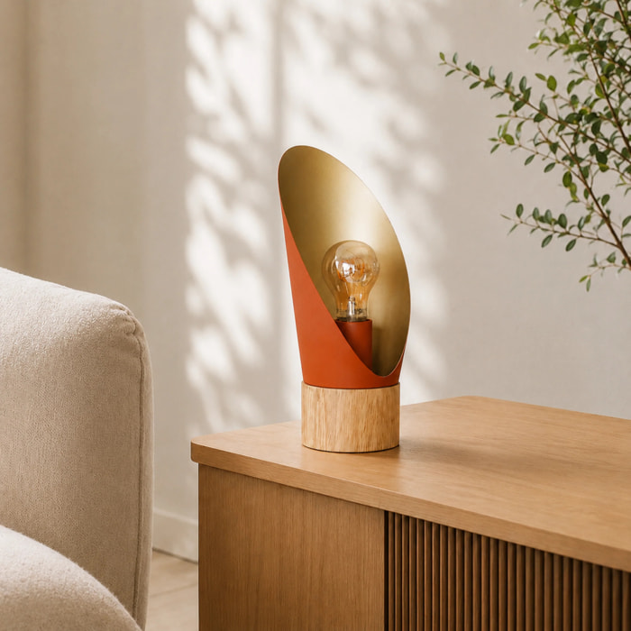 Lampe à poser en métal terracotta et bois H30 cm - Spoon