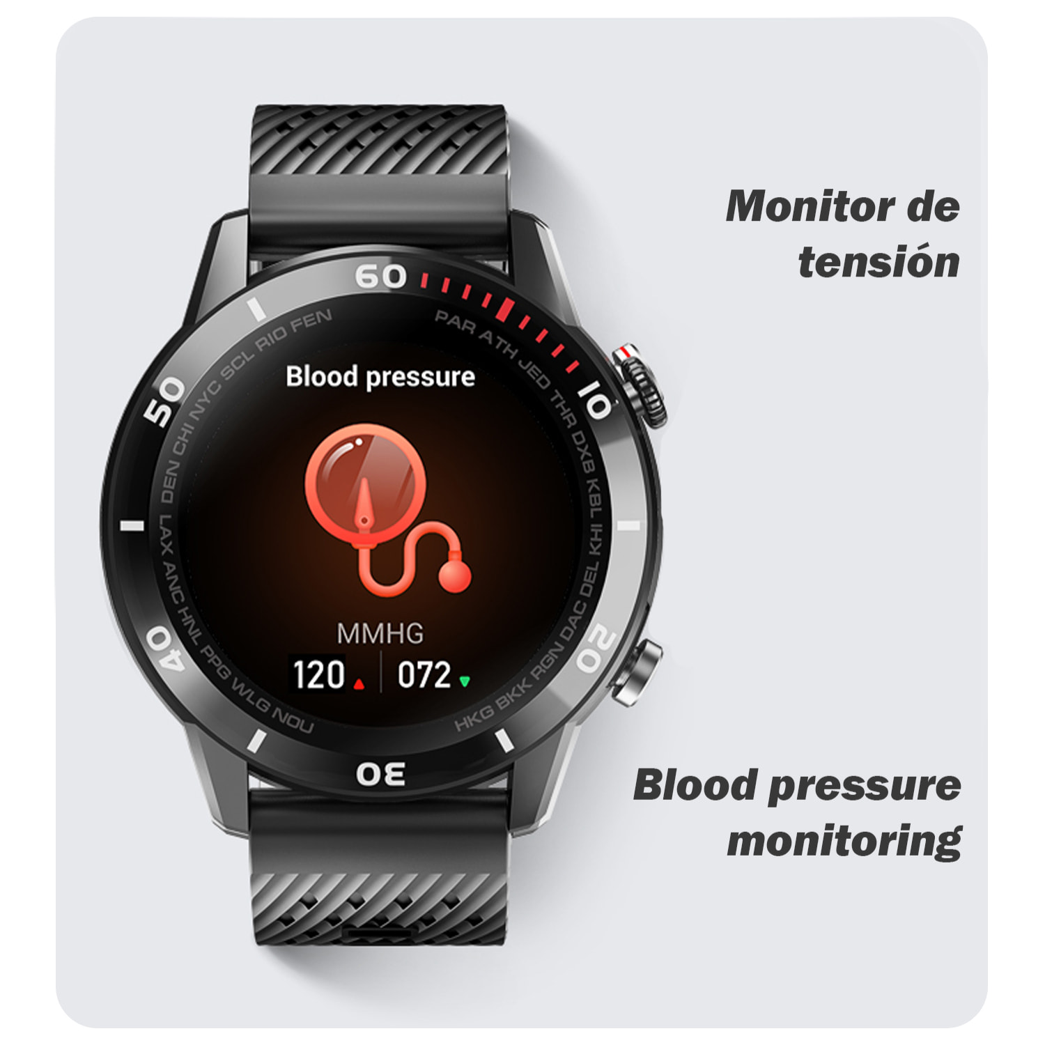 Smartwatch V93 con notificaciones en pantalla. Monitor cardiaco automático, de tensión y oxígeno en sangre.