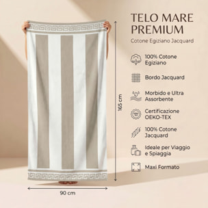 Telo mare in spugna jacquard, 90x165 cm, 100% cotone egiziano, morbido e super assorbente, asciugamano spiaggia grande con bordo greco elegante, resistente e certificato OEKO-TEX, ideale per mare piscina spa e viaggio