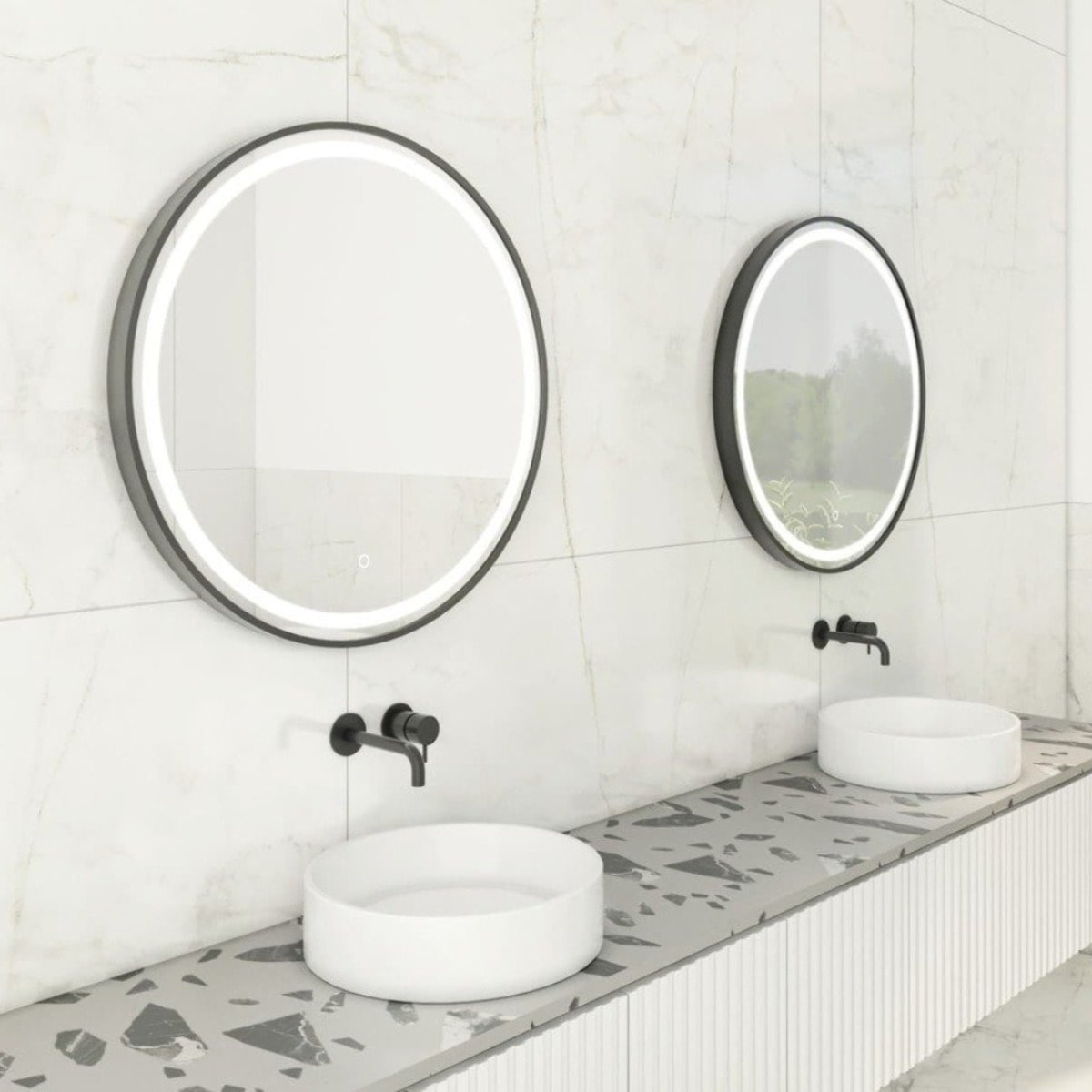 70x70 cm miroir suspendu rond avec éclairage LED et capteur, noir (SATZKULED70CE)