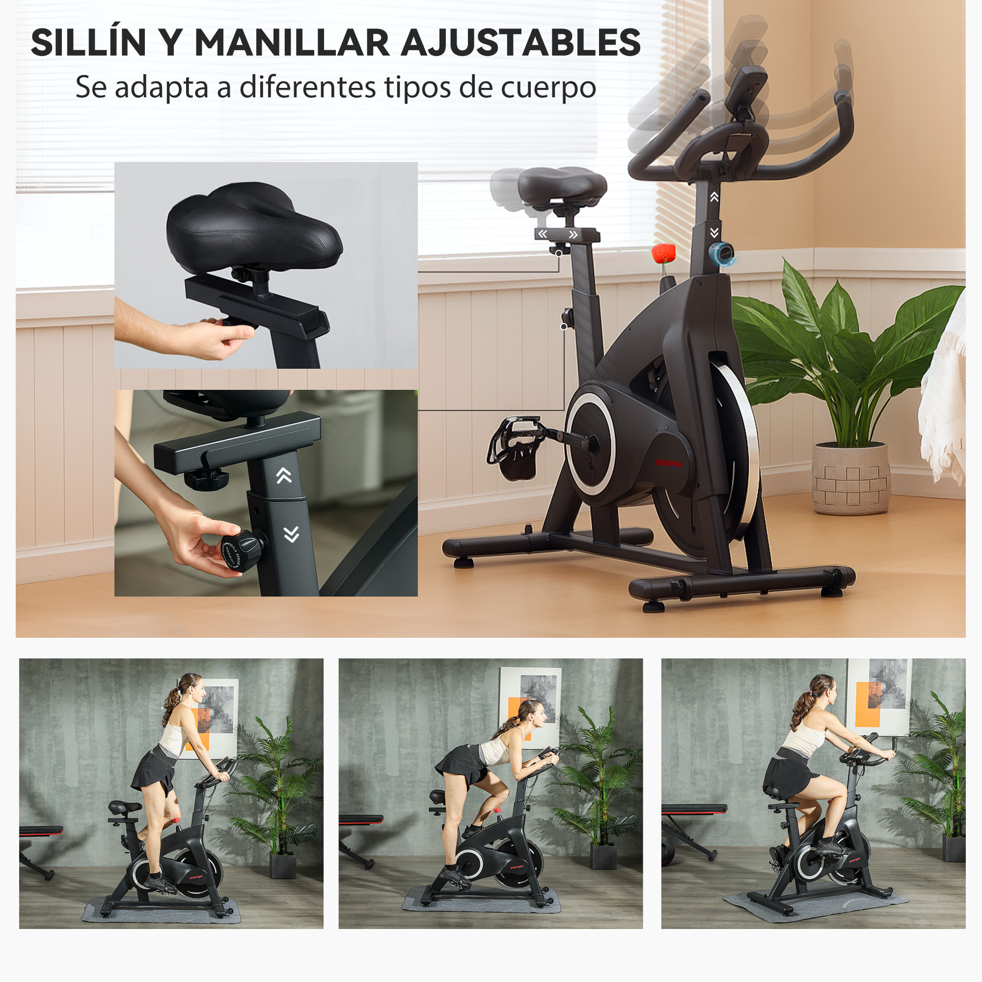 Bicicleta Estática Bici Estática con Volante de Inercia 15 kg Pantalla LED Pulsómetro Manillar Asiento Ajustable y Ruedas Carga 120 kg para Casa Gimnasio Negro