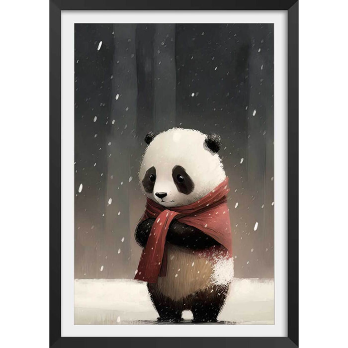 Affiche enfant panda sous la neige  Affiche + cadre en bois - Noir