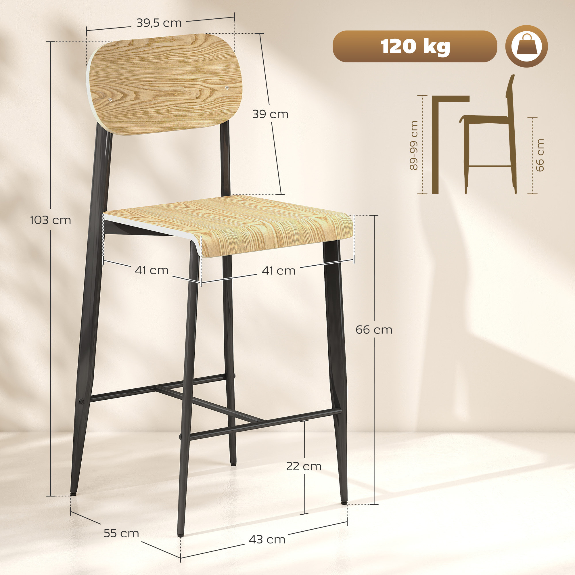 Lot de 2 tabourets de bar chaises de bar design structure acier noir assise dossier effet bois clair