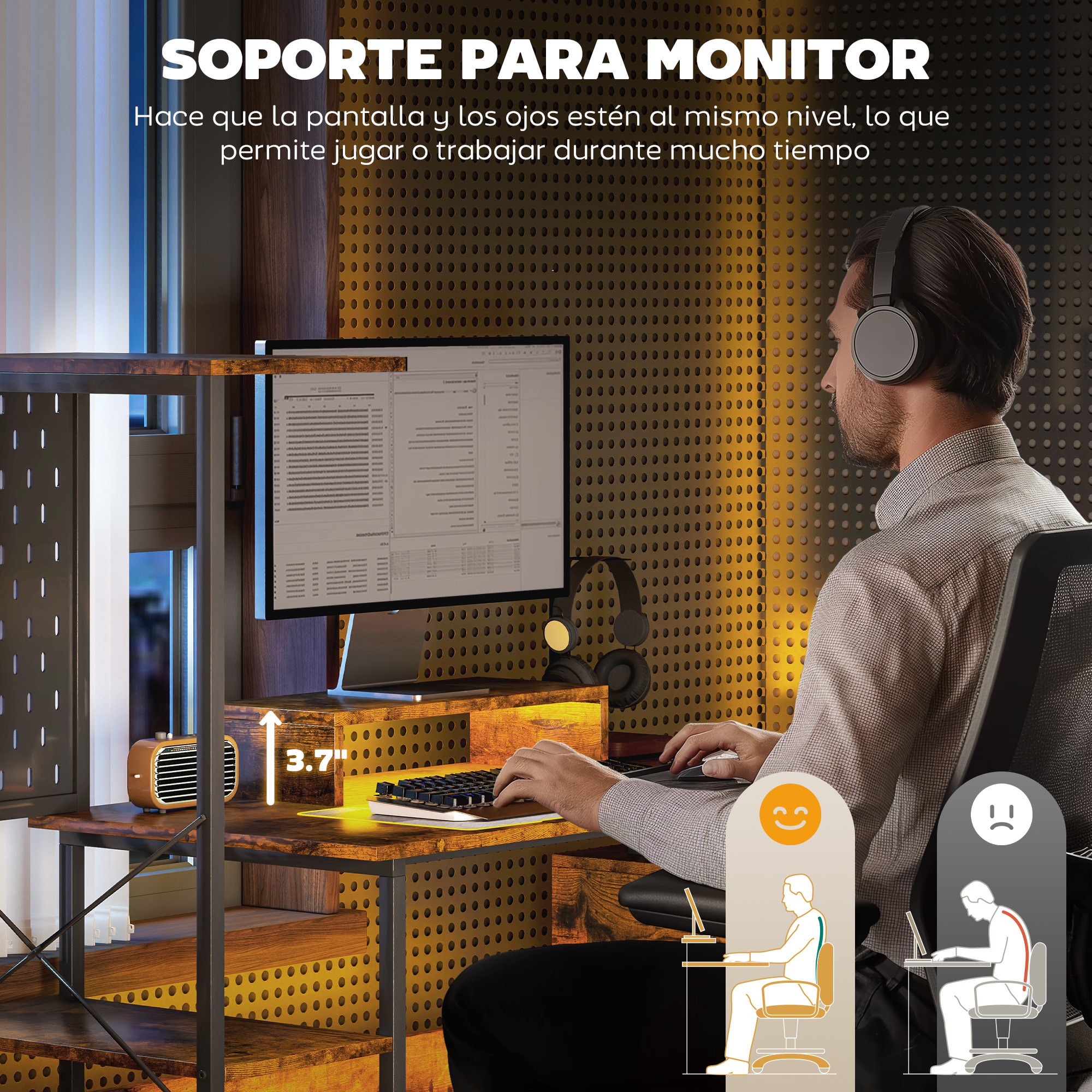 Escritorio Industrial Mesa Escritorio con Luces LED Estación de Carga Soporte para Monitor Control Remoto y Tablero Perforado para Oficina Estudio 142x50x126,5 cm Marrón Rústico