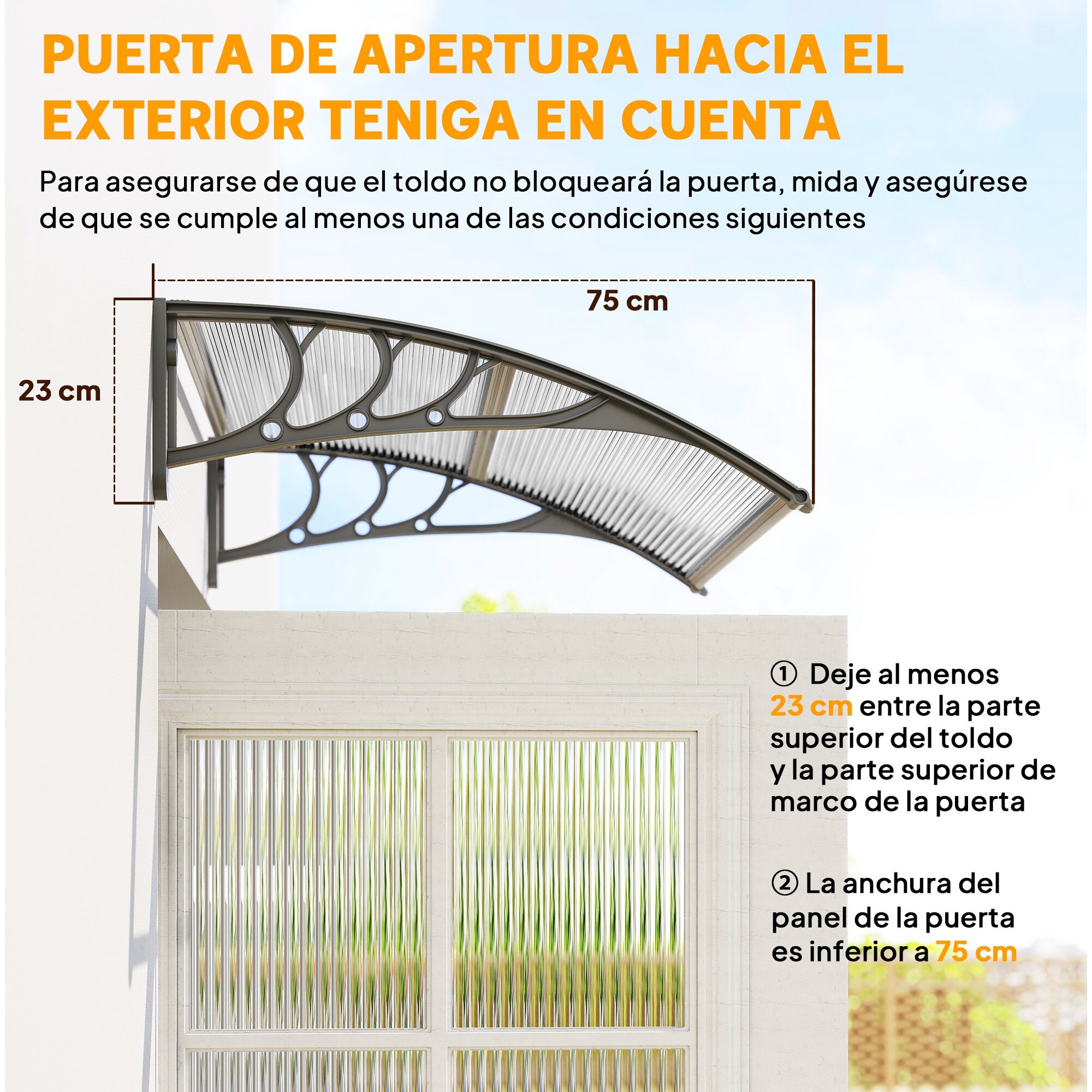 Marquesinas Exterior para Puertas y Ventanas, 100x75 cm, Tejadillo de Protección contra Sol y Lluvia, con Cubierta de Policarbonato, Barra de Aluminio, Transparente