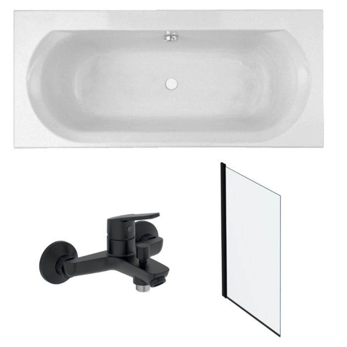 Pack baignoire droite 180 x 80 Elise + mitigeur bain douche noir mat + pare bain noir mat + vidage