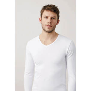 Maglietta bianca in cotone a maniche lunghe con scollo a V