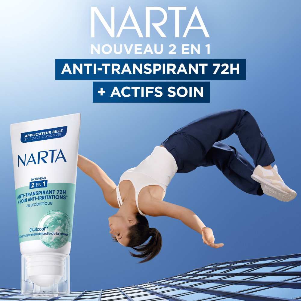 Narta Tube Roll-On 2-en-1 Anti-Transpirant 72H + Soin au Probiotique Anti-Irritations 50 ml