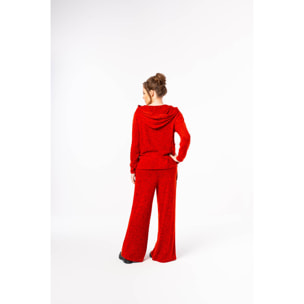 Mamatayoe Orfebre. Pantalón Largo de Mujer de Color Rojo con Detalles Bordados para Otoño Invierno. Pantalón Fluido de Punto con Aberturas y Cintura Elástica de Estilo Casual.