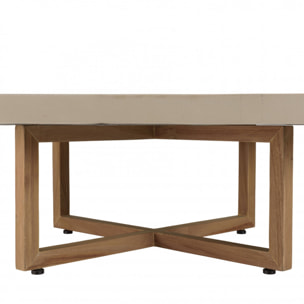 ERIS - Table basse ronde 92x92cm en béton beige pieds croisés en teck