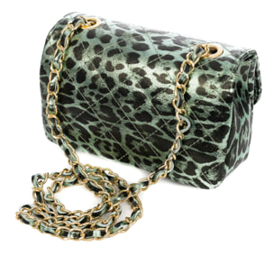 Amaro bolso bandolera mujer. Piel auténtica Gamuza acolchada, animal print leopardo, lacado brillante.